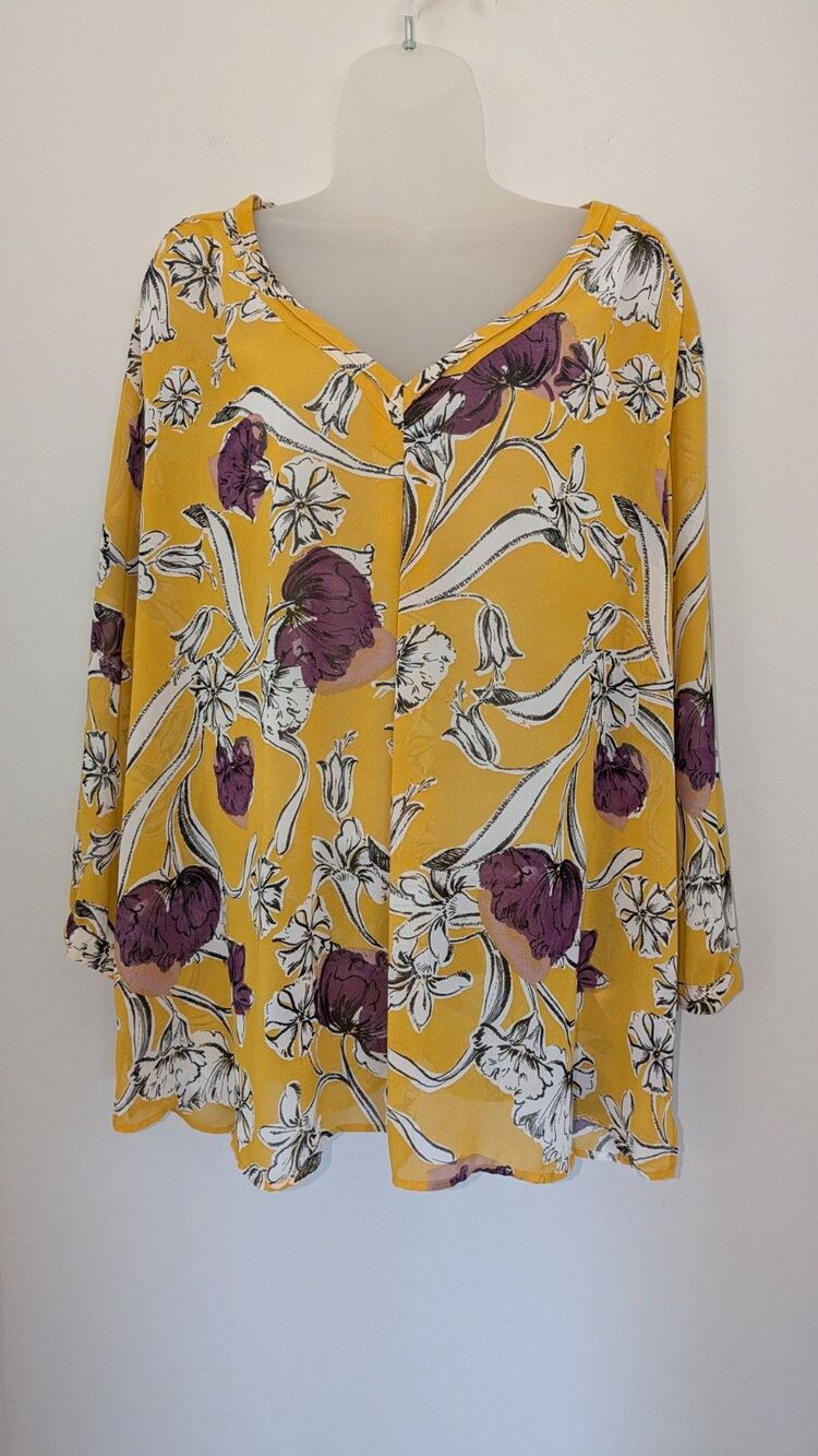 Liz Claiborne V-Neck Blouse 3/4 Sleeve SZ 3X Spring Yellow Purple Floral Loose